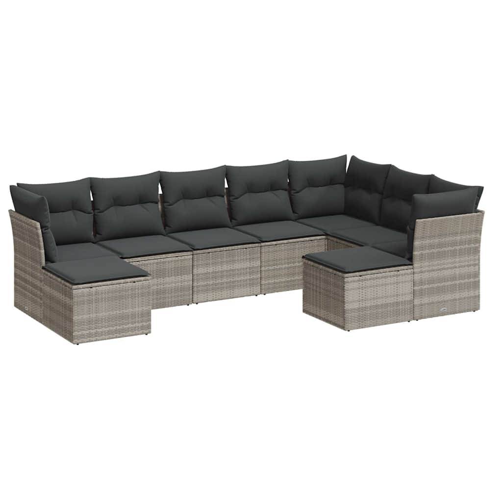 vidaXL 9-tlg. Garten-Sofagarnitur mit Kissen Hellgrau Poly Rattan