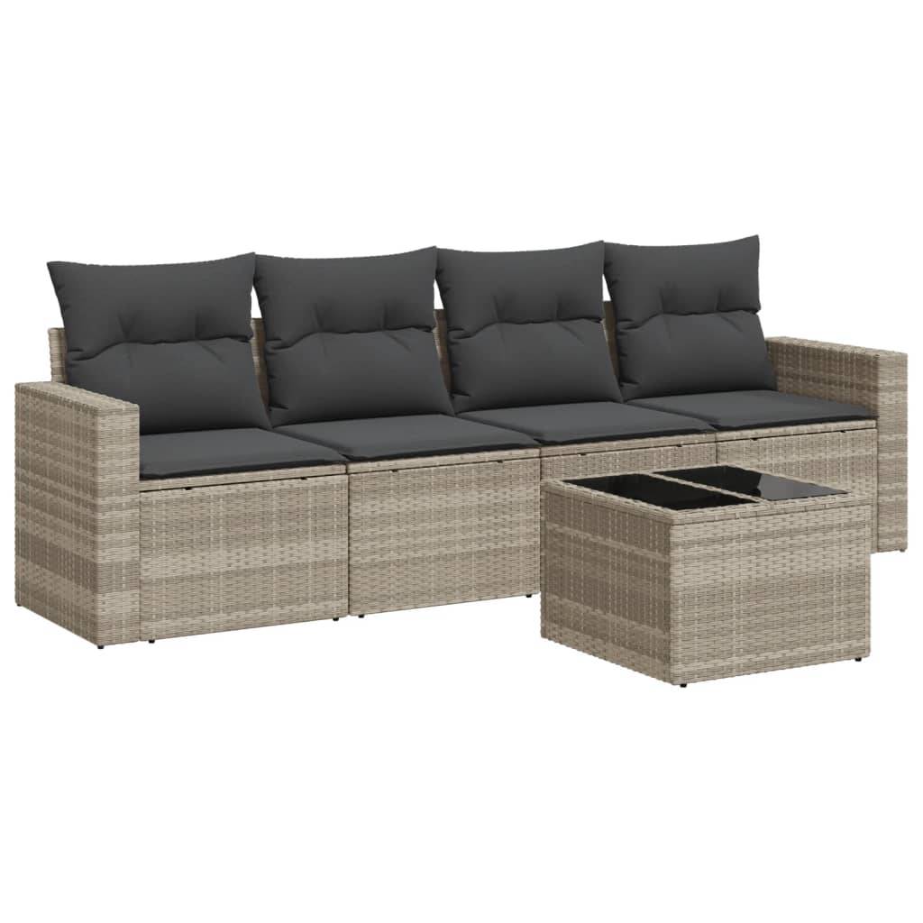 vidaXL 5-tlg. Garten-Sofagarnitur mit Kissen Hellgrau Poly Rattan