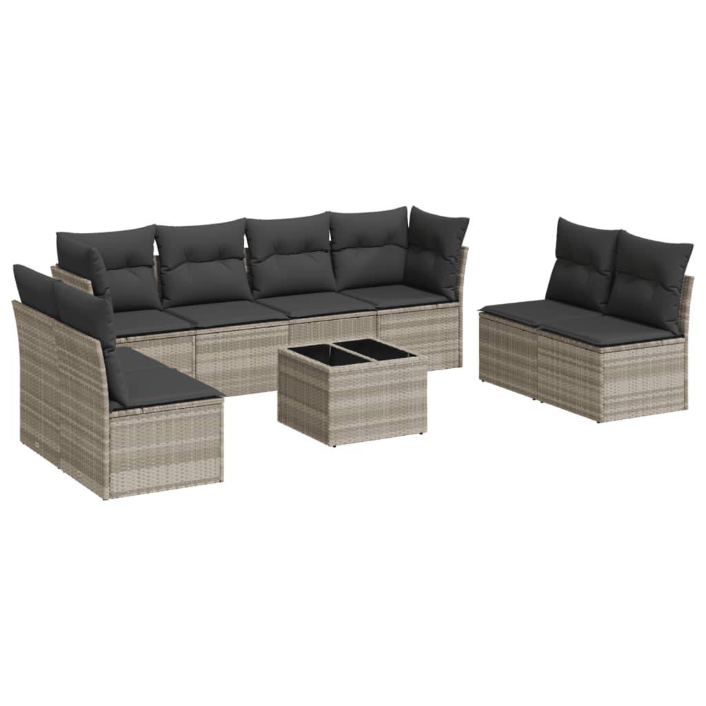 vidaXL 9-tlg. Garten-Sofagarnitur mit Kissen Hellgrau Poly Rattan