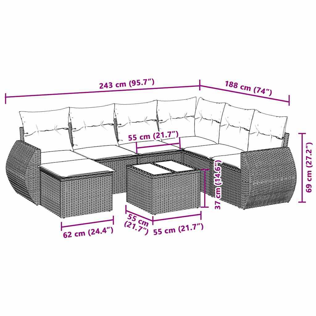 vidaXL 8-tlg. Garten-Sofagarnitur mit Kissen Hellgrau Poly Rattan