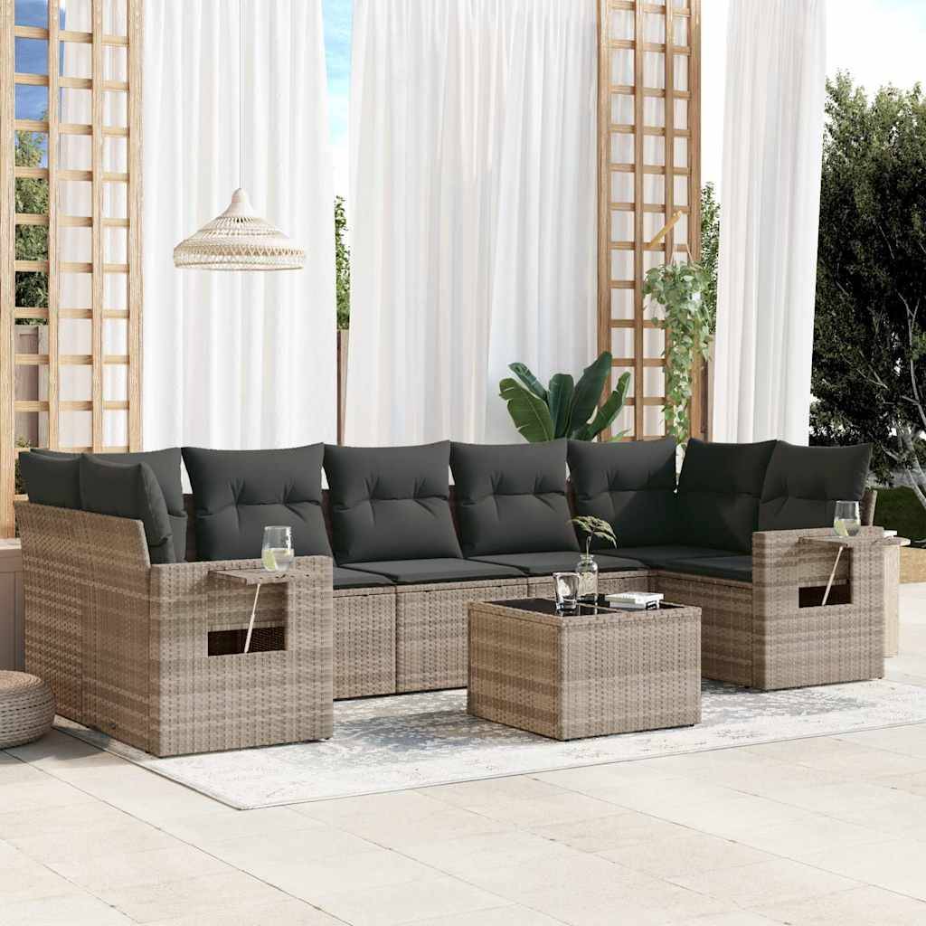 vidaXL 8-tlg. Garten-Sofagarnitur mit Kissen Hellgrau Poly Rattan