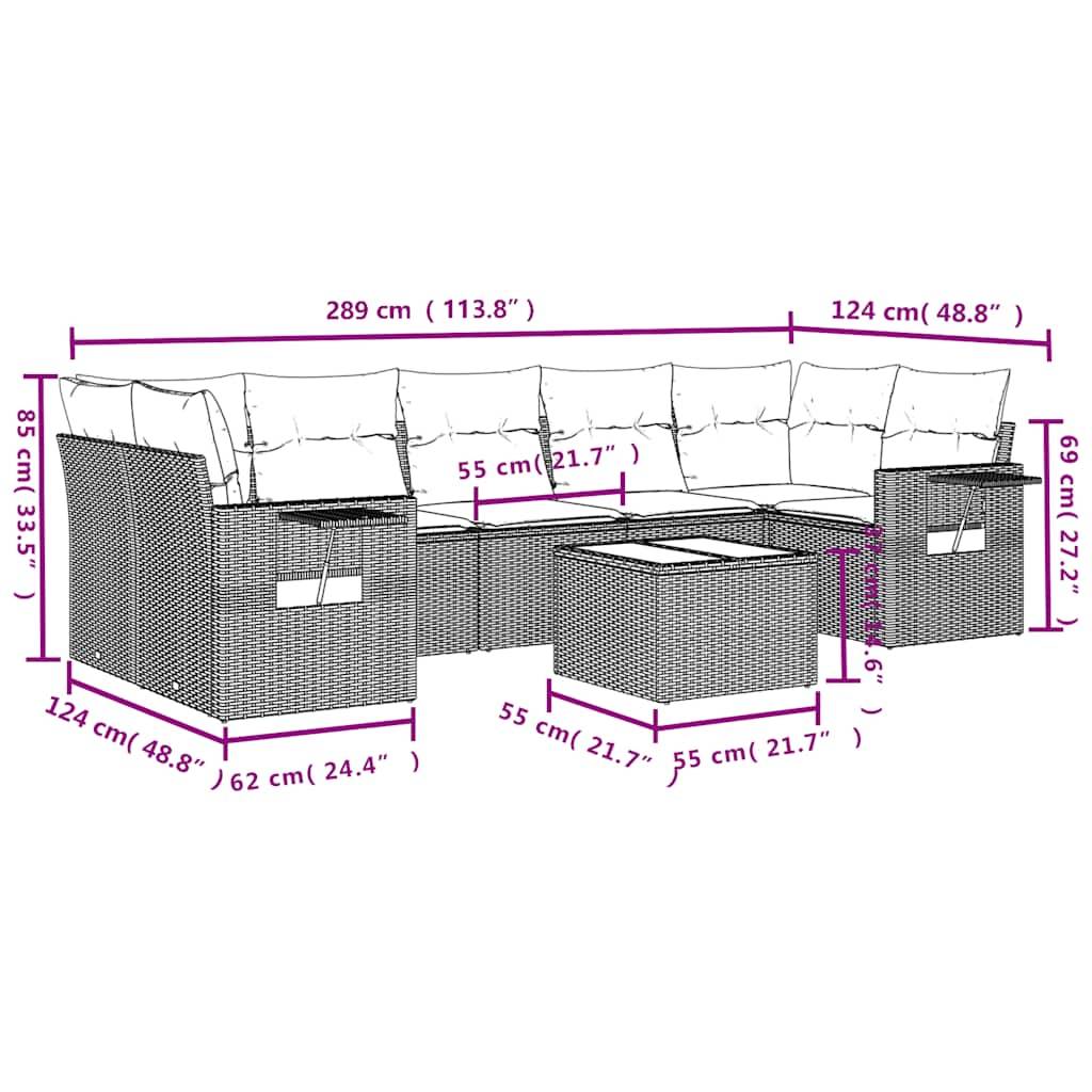 vidaXL 8-tlg. Garten-Sofagarnitur mit Kissen Hellgrau Poly Rattan