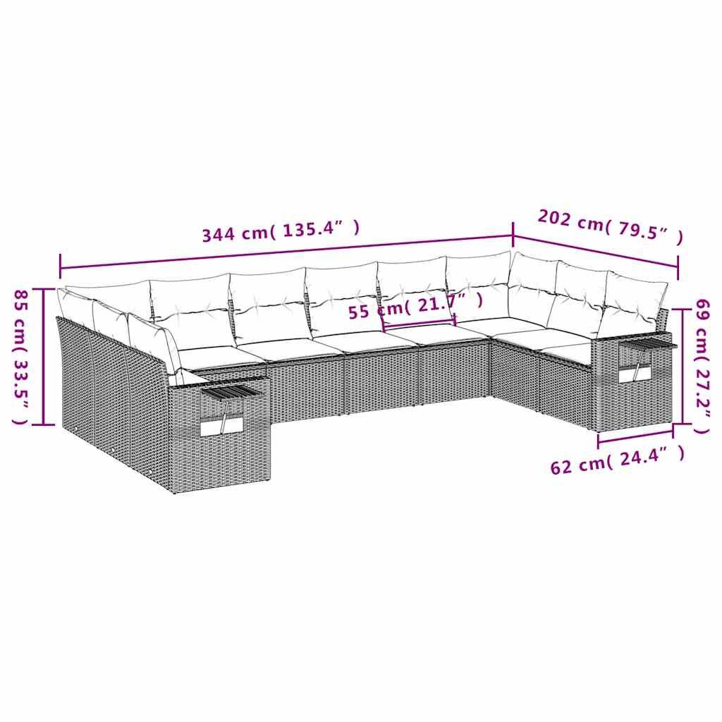 vidaXL 10-tlg. Garten-Sofagarnitur mit Kissen Hellgrau Poly Rattan