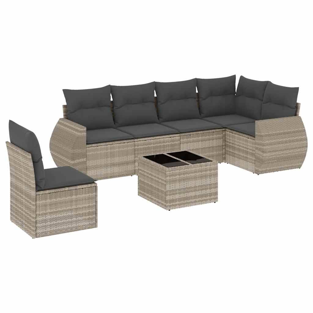 vidaXL 7-tlg. Garten-Sofagarnitur mit Kissen Hellgrau Poly Rattan