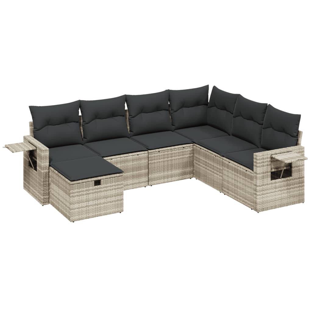 vidaXL 7-tlg. Garten-Sofagarnitur mit Kissen Hellgrau Poly Rattan