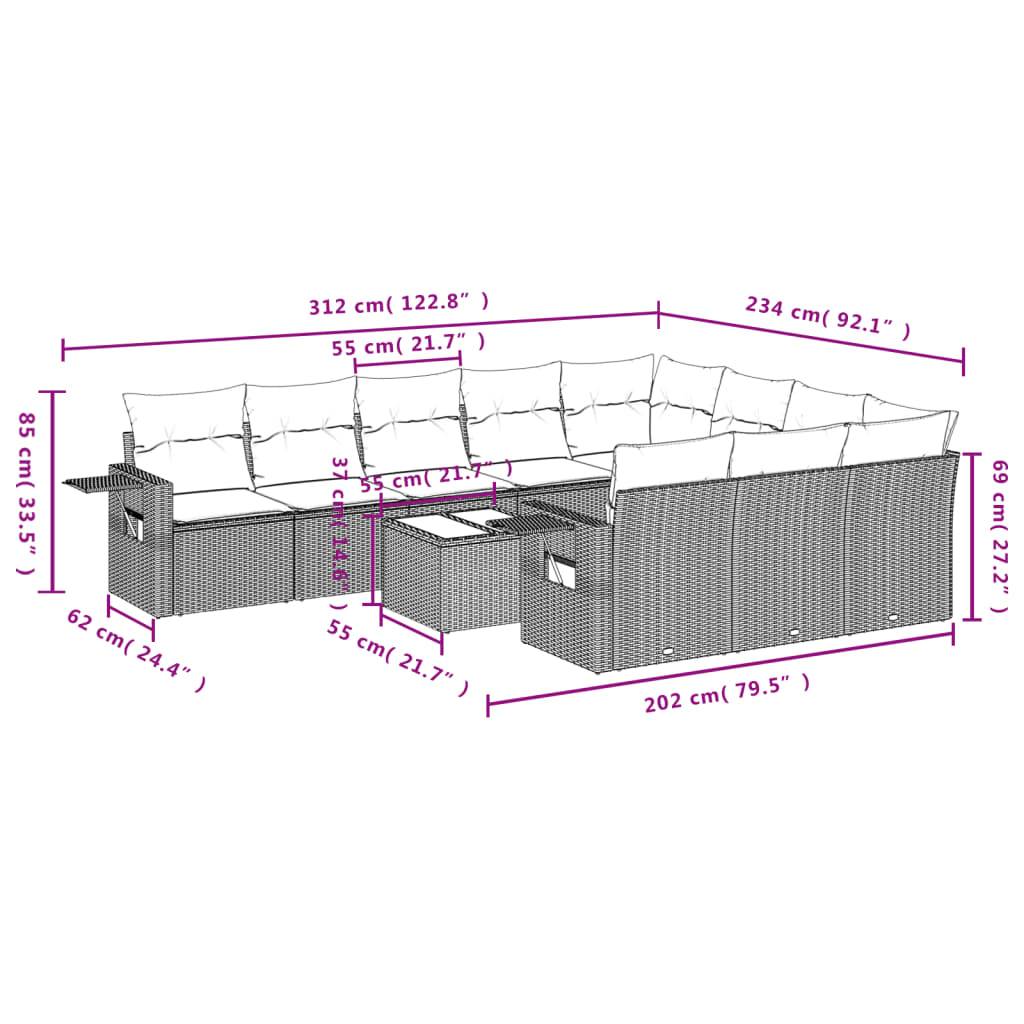 vidaXL 11-tlg. Garten-Sofagarnitur mit Kissen Braun Poly Rattan