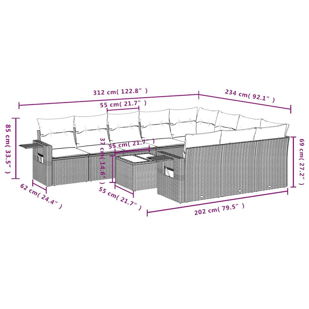 vidaXL 11-tlg. Garten-Sofagarnitur mit Kissen Hellgrau Poly Rattan
