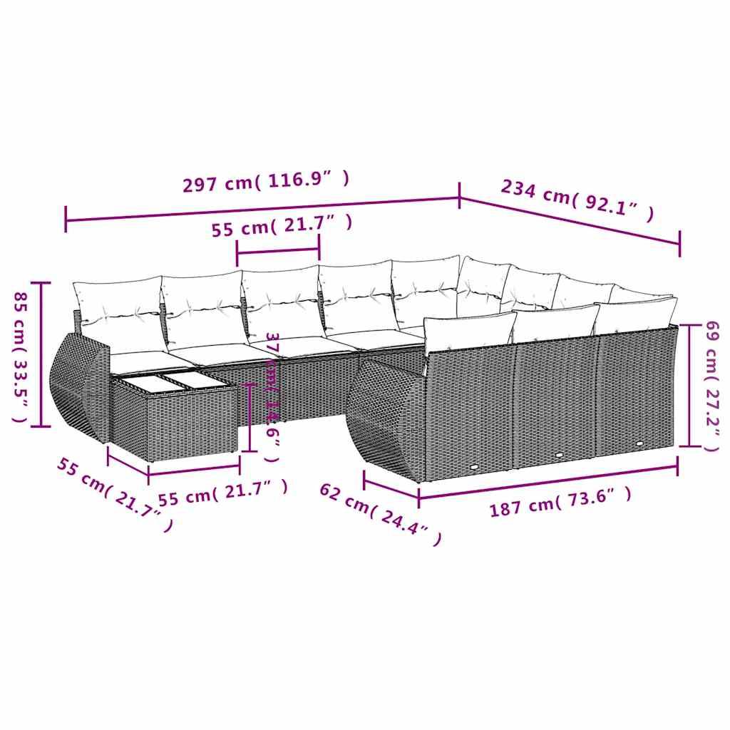vidaXL 11-tlg. Garten-Sofagarnitur mit Kissen Hellgrau Poly Rattan