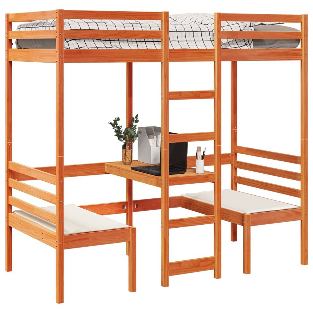 vidaXL Hochbett mit Schreibtisch & Stühlen Braun 90x200 cm Kiefernholz