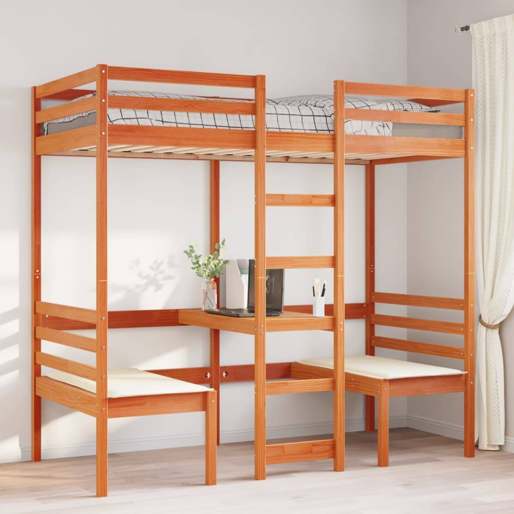 vidaXL Hochbett mit Schreibtisch & Stühlen Braun 90x200 cm Kiefernholz