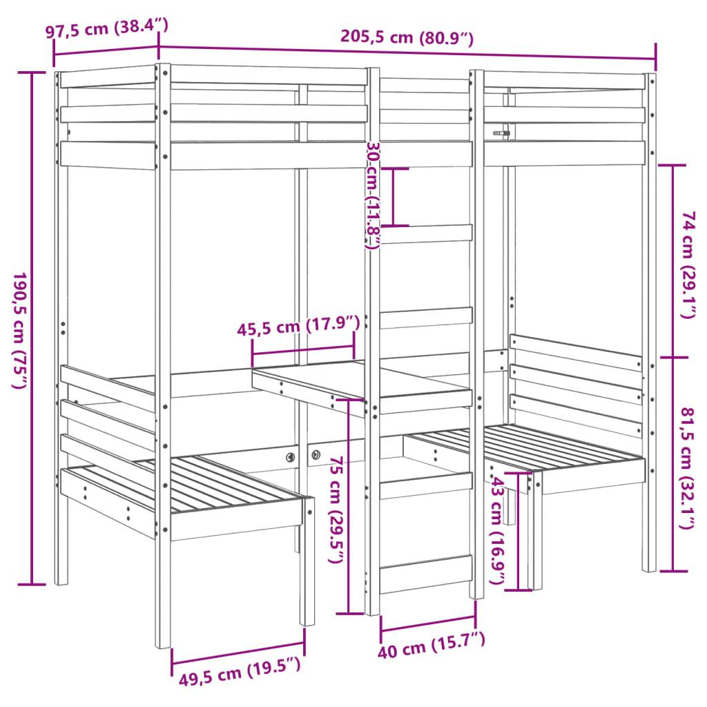 vidaXL Hochbett mit Schreibtisch & Stühlen Braun 90x200 cm Kiefernholz