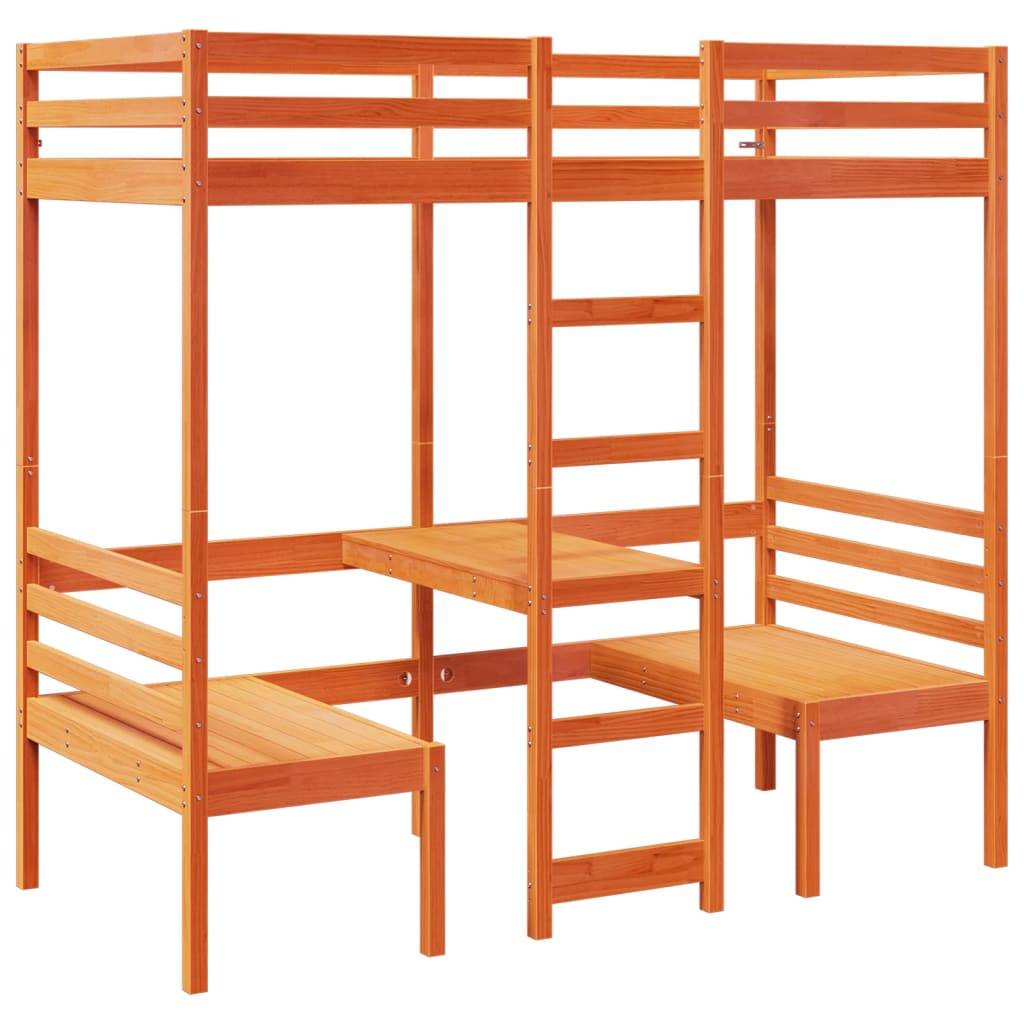 vidaXL Hochbett mit Schreibtisch & Stühlen Braun 90x200 cm Kiefernholz
