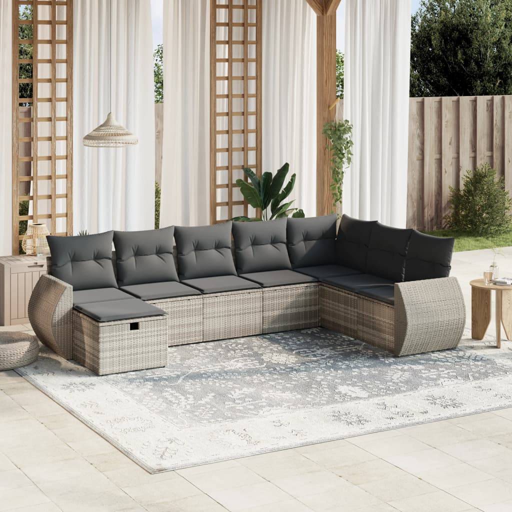 vidaXL 8-tlg. Garten-Sofagarnitur mit Kissen Hellgrau Poly Rattan