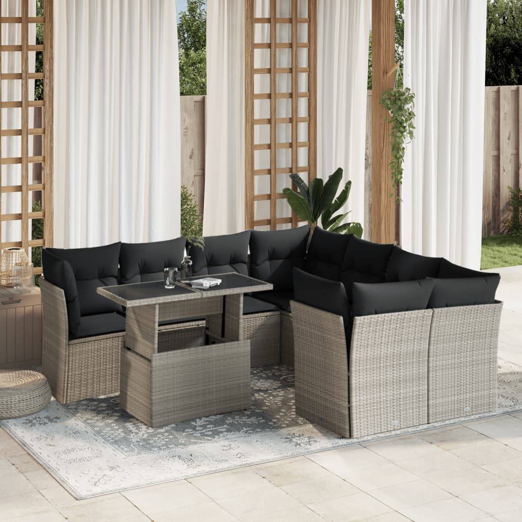 vidaXL 9-tlg. Garten-Sofagarnitur mit Kissen Hellgrau Poly Rattan