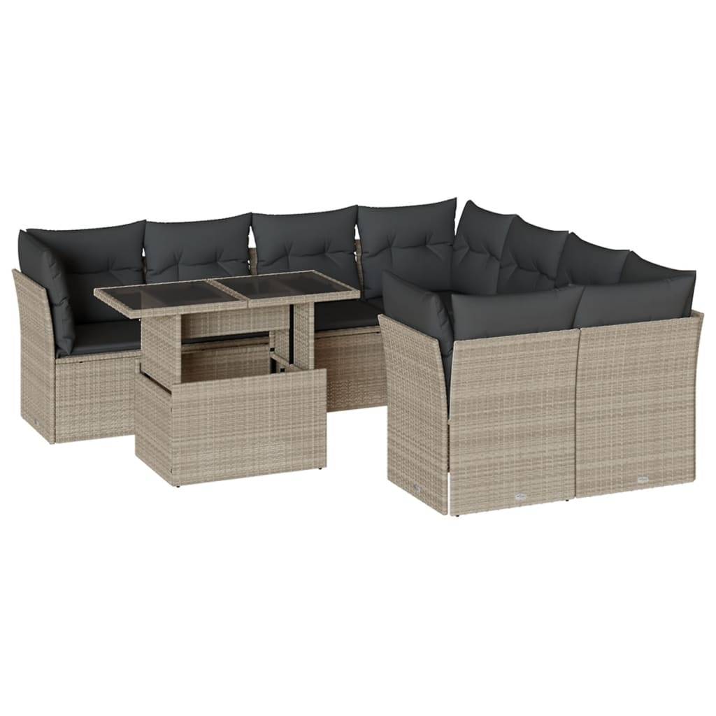 vidaXL 9-tlg. Garten-Sofagarnitur mit Kissen Hellgrau Poly Rattan
