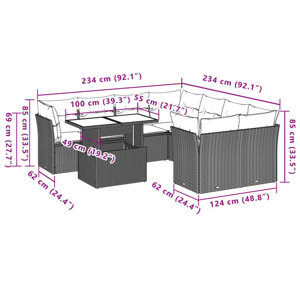 vidaXL 9-teiliges Gartensofa-Set mit Kissen, schwarzes Polyrattan