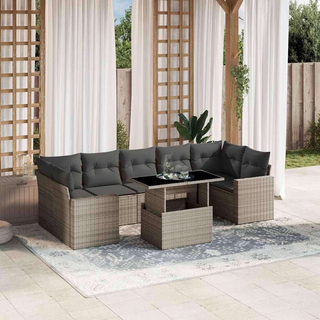 vidaXL 8-tlg. Garten-Sofagarnitur mit Kissen Hellgrau Poly Rattan