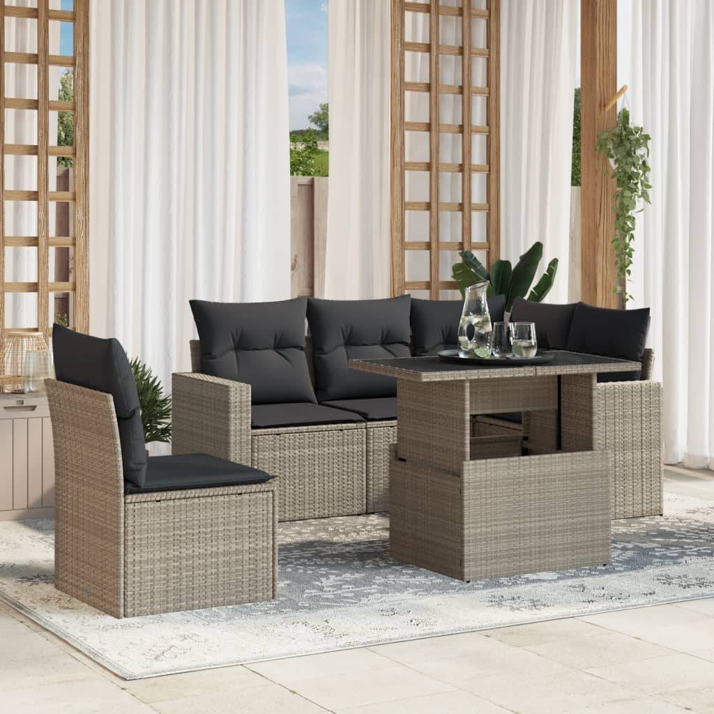 vidaXL 6-tlg. Garten-Sofagarnitur mit Kissen Hellgrau Poly Rattan