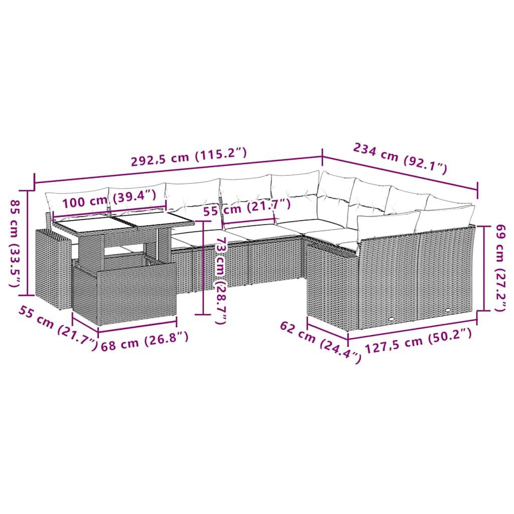 vidaXL 10-tlg. Garten-Sofagarnitur mit Kissen Hellgrau Poly Rattan
