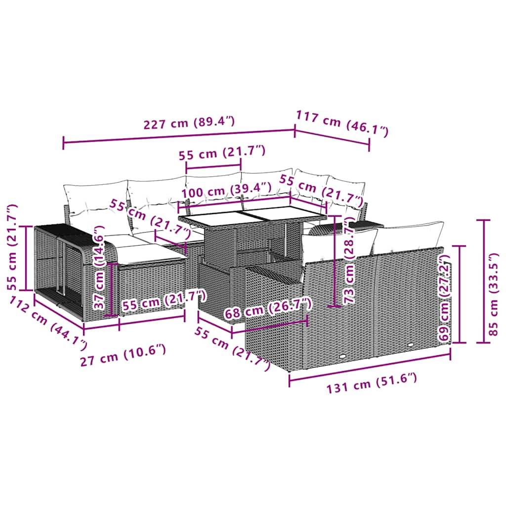 vidaXL 11-tlg. Garten-Sofagarnitur mit Kissen Hellgrau Poly Rattan