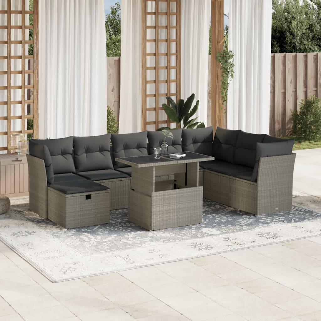 vidaXL 9-tlg. Garten-Sofagarnitur mit Kissen Hellgrau Poly Rattan