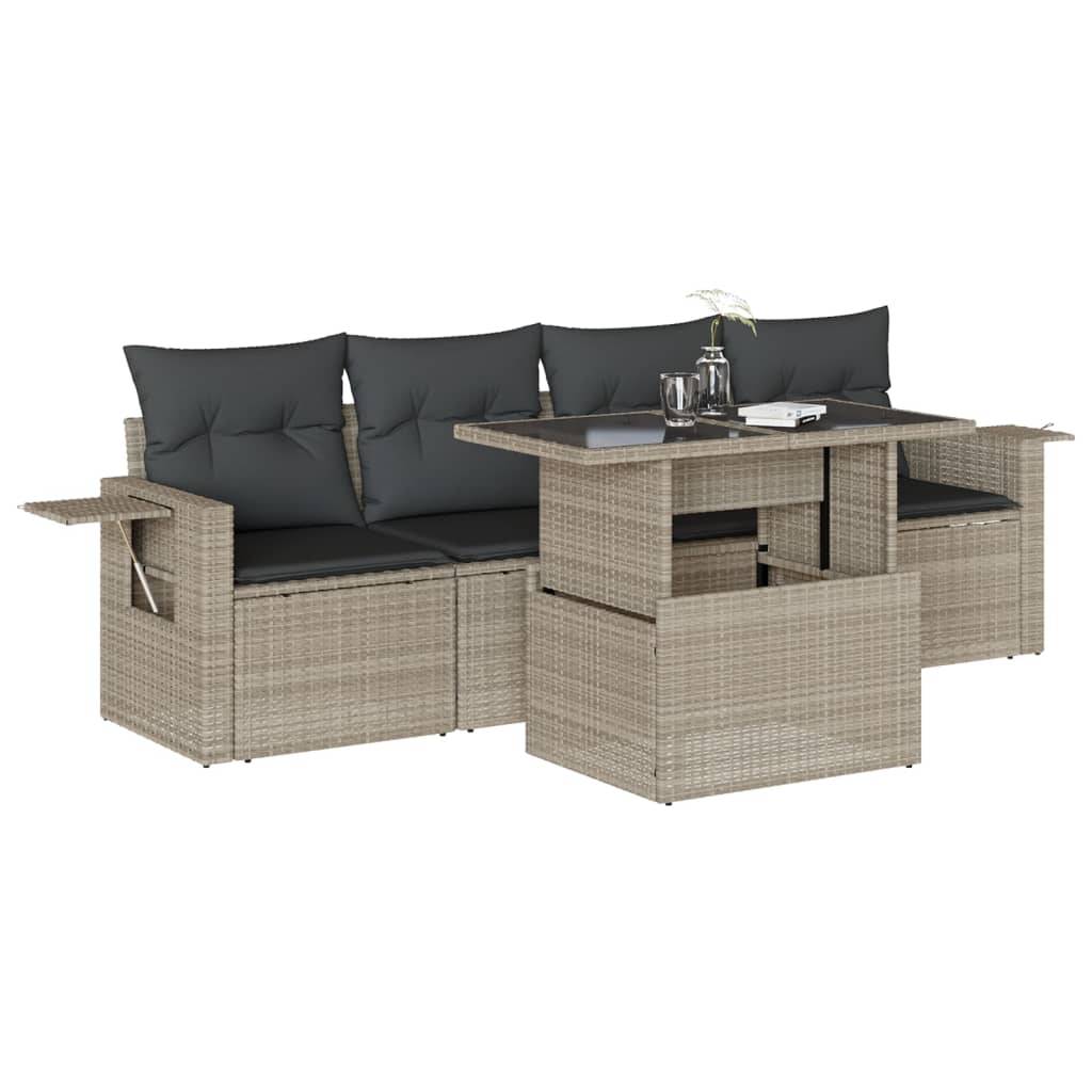 vidaXL 5-tlg. Garten-Sofagarnitur mit Kissen Hellgrau Poly Rattan