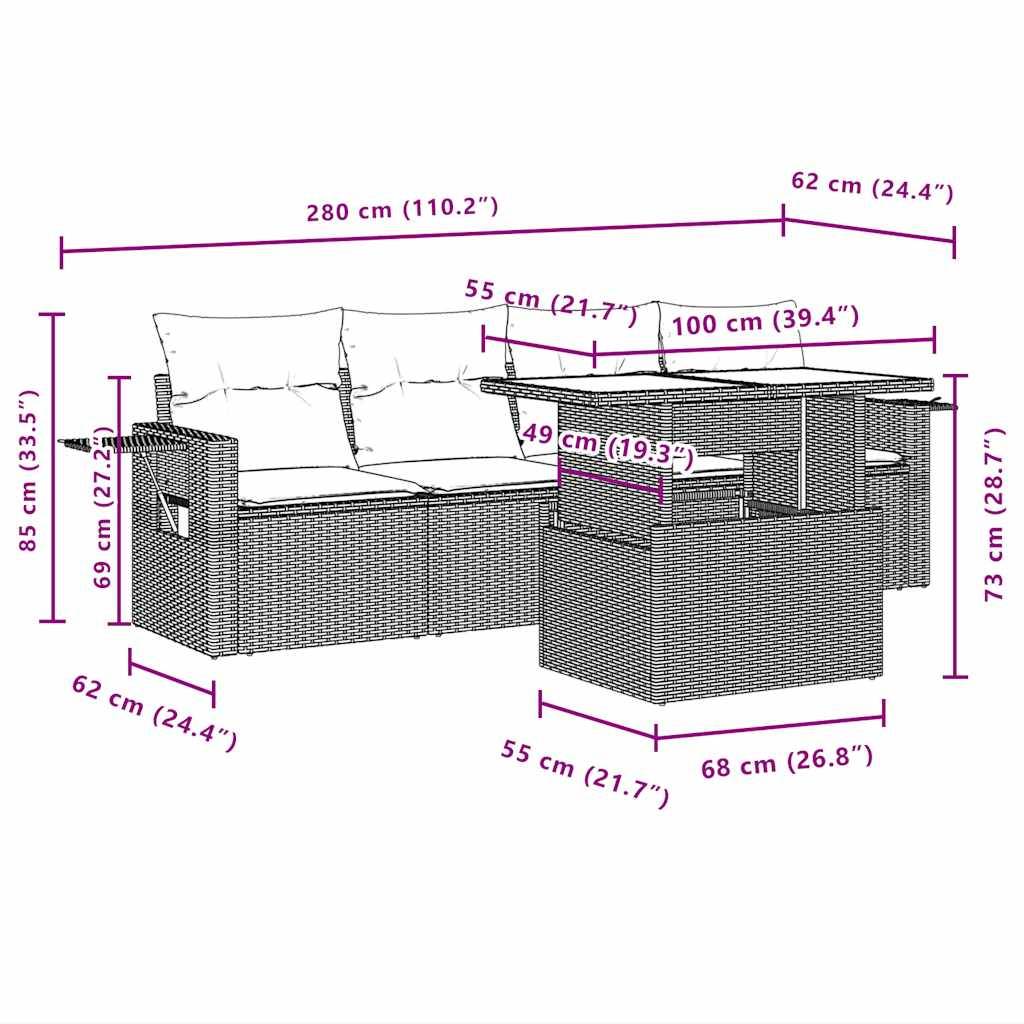 vidaXL 5-tlg. Garten-Sofagarnitur mit Kissen Hellgrau Poly Rattan