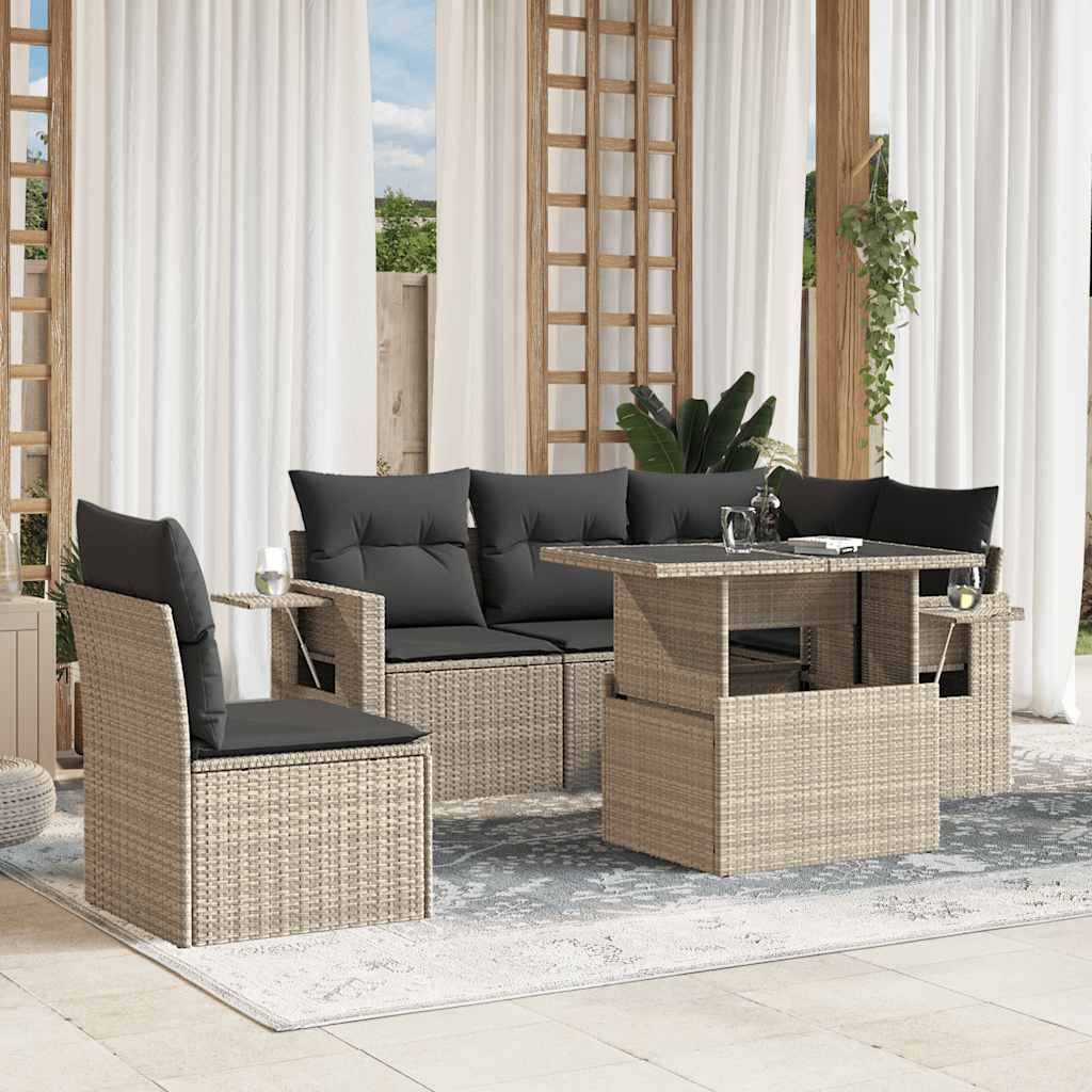 vidaXL 6-tlg. Garten-Sofagarnitur mit Kissen Hellgrau Poly Rattan
