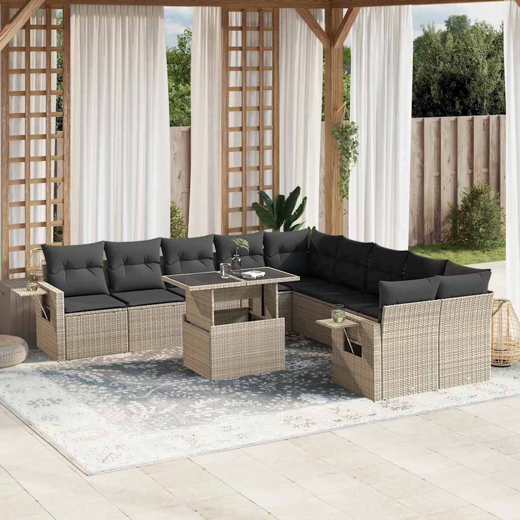 vidaXL 11-tlg. Garten-Sofagarnitur mit Kissen Hellgrau Poly Rattan