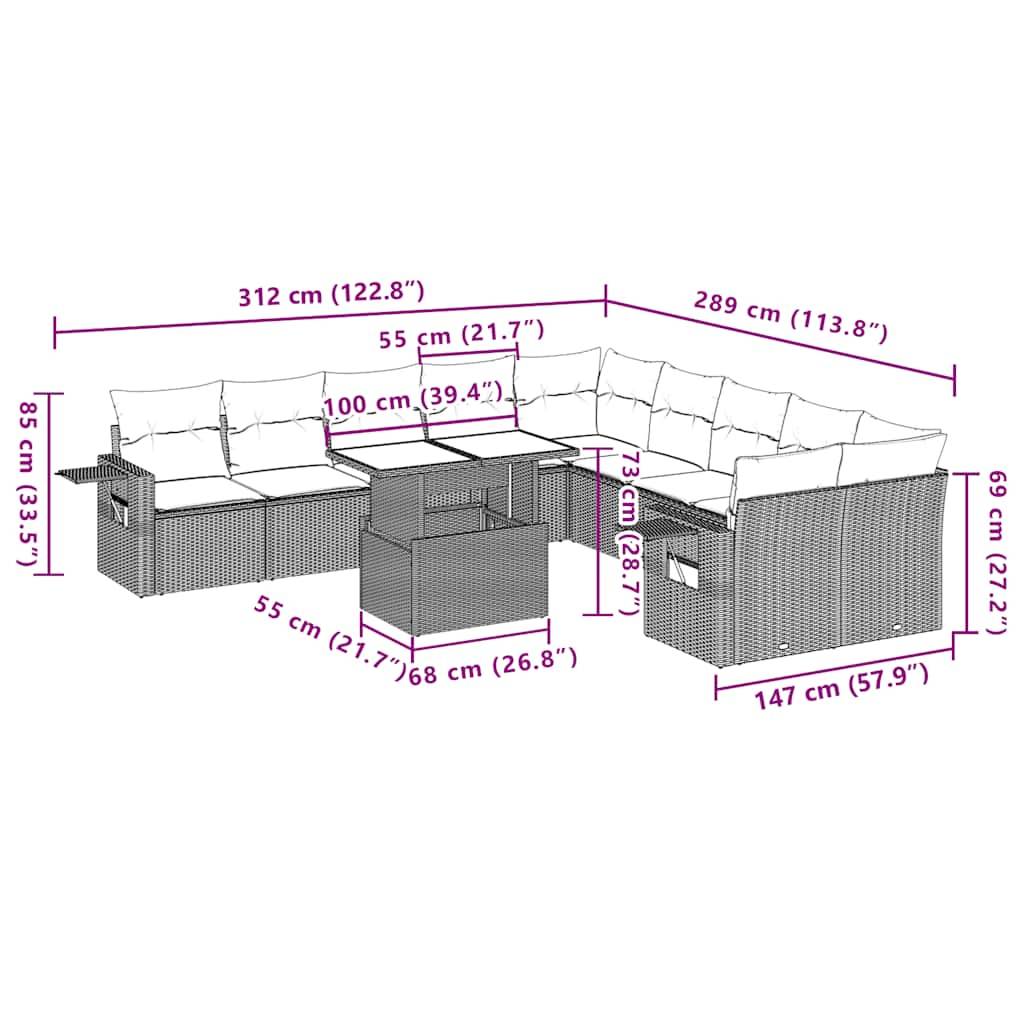 vidaXL 11-tlg. Garten-Sofagarnitur mit Kissen Hellgrau Poly Rattan