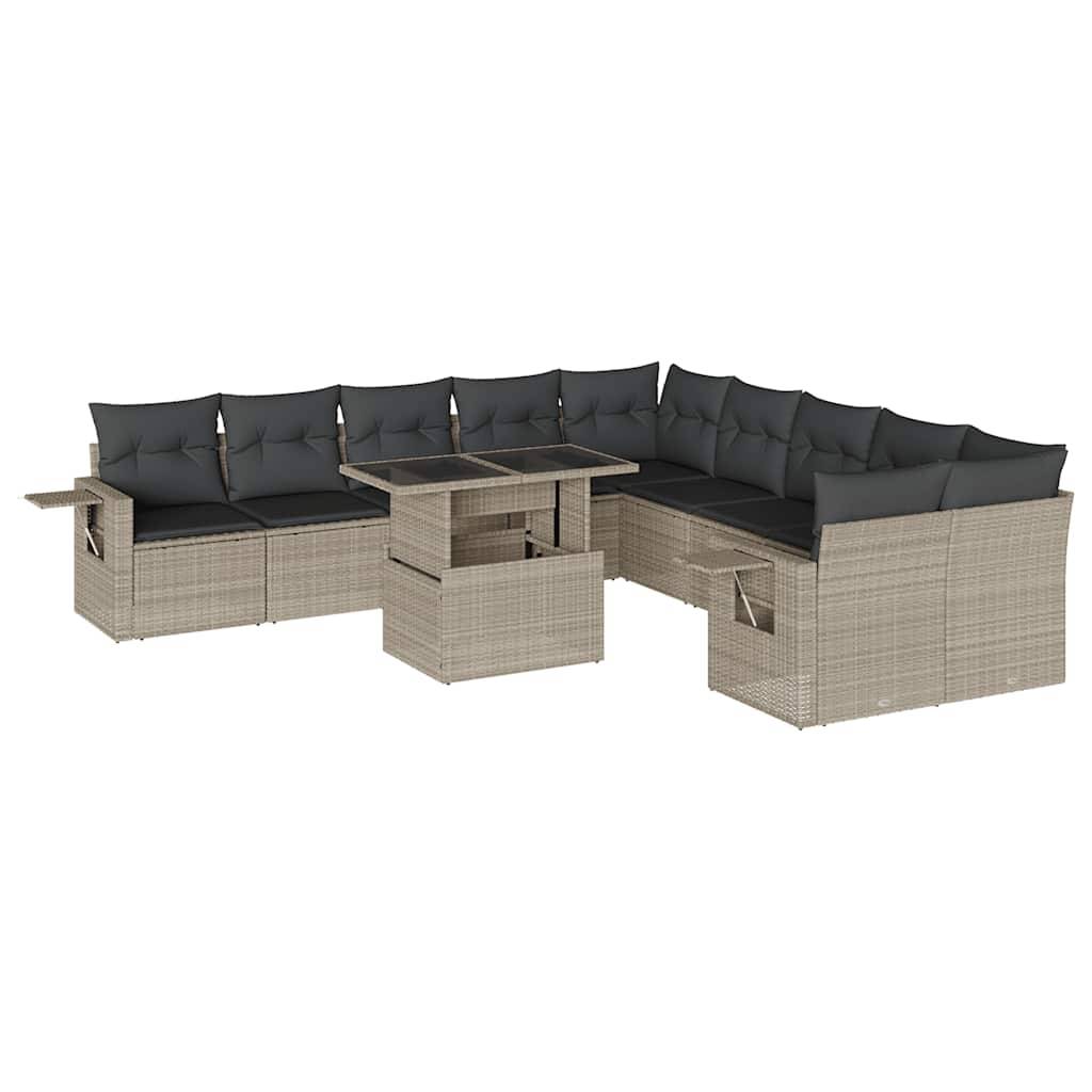 vidaXL 11-tlg. Garten-Sofagarnitur mit Kissen Hellgrau Poly Rattan