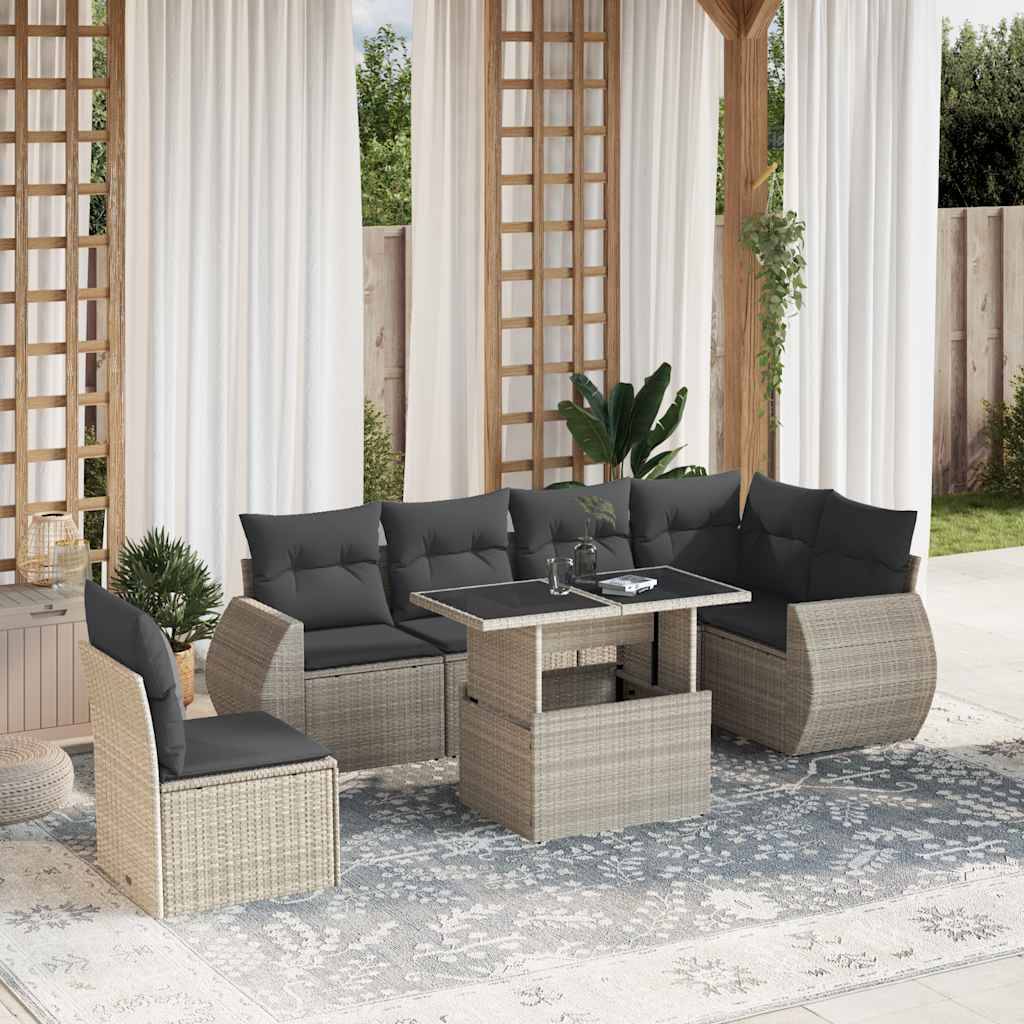 vidaXL 7-tlg. Garten-Sofagarnitur mit Kissen Hellgrau Poly Rattan