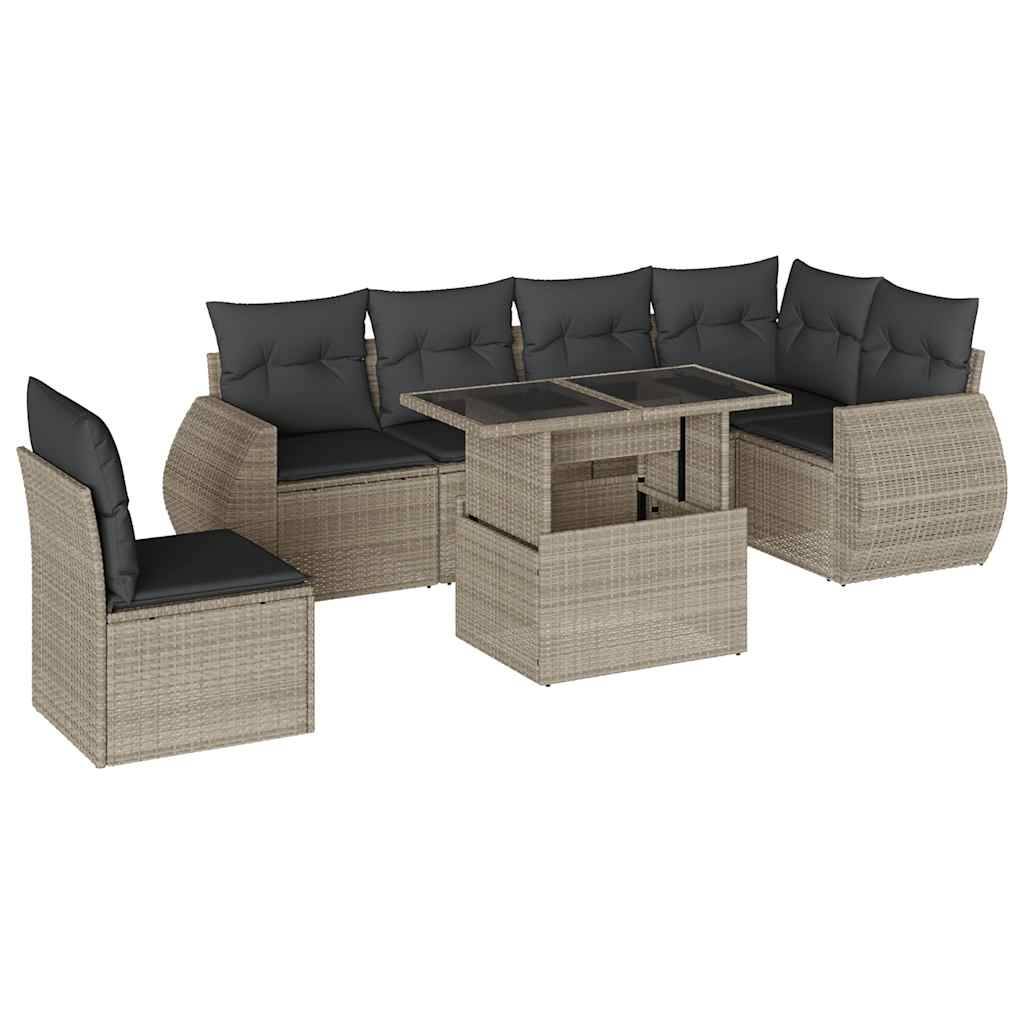 vidaXL 7-tlg. Garten-Sofagarnitur mit Kissen Hellgrau Poly Rattan