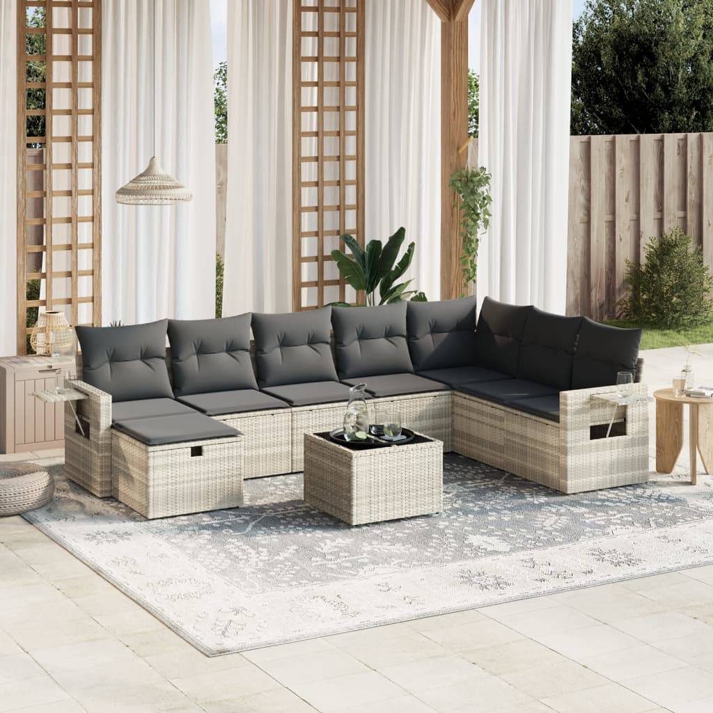 vidaXL 9-tlg. Garten-Sofagarnitur mit Kissen Hellgrau Poly Rattan