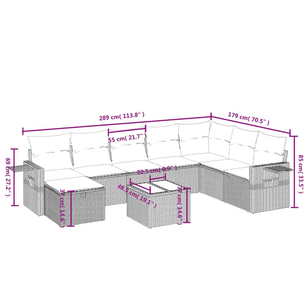 vidaXL 9-tlg. Garten-Sofagarnitur mit Kissen Hellgrau Poly Rattan