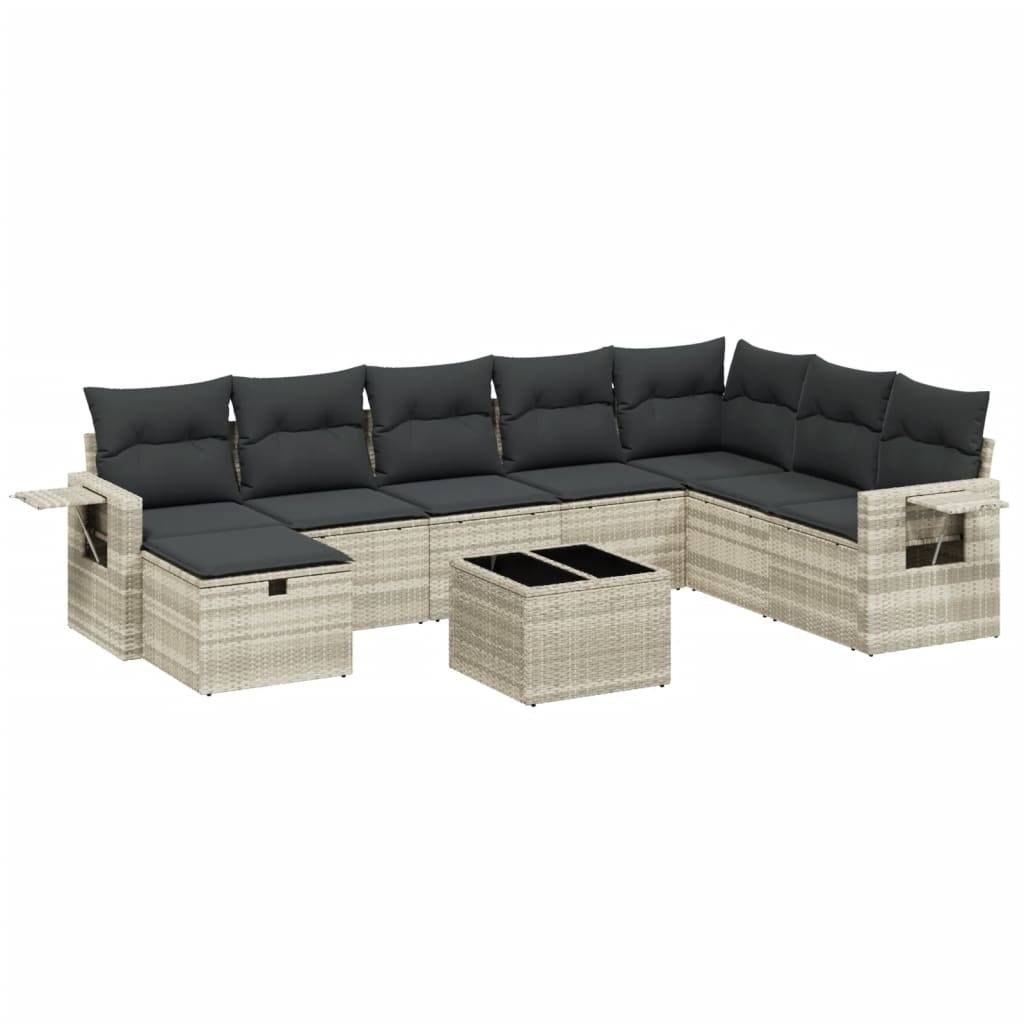vidaXL 9-tlg. Garten-Sofagarnitur mit Kissen Hellgrau Poly Rattan
