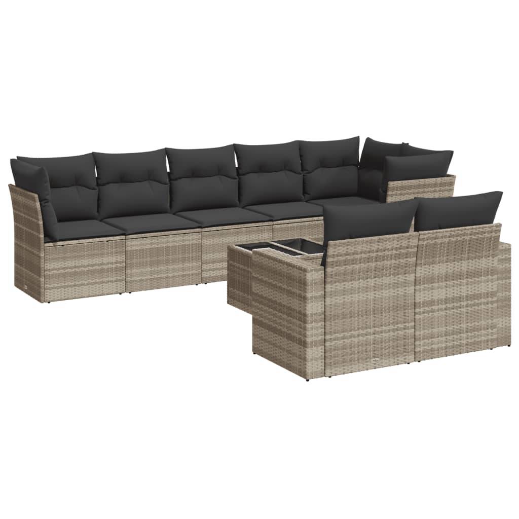 vidaXL 9-tlg. Garten-Sofagarnitur mit Kissen Hellgrau Poly Rattan