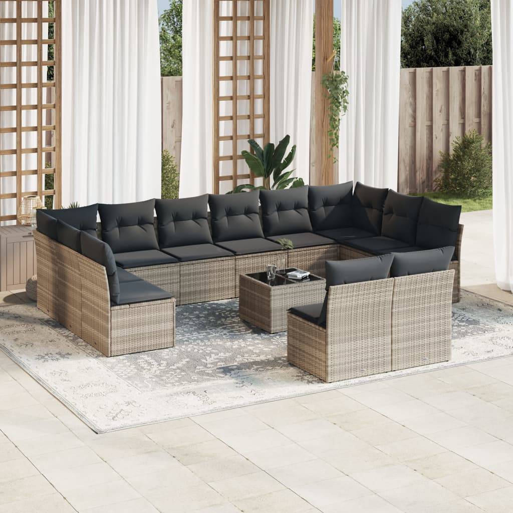 vidaXL 13-tlg. Garten-Sofagarnitur mit Kissen Hellgrau Poly Rattan