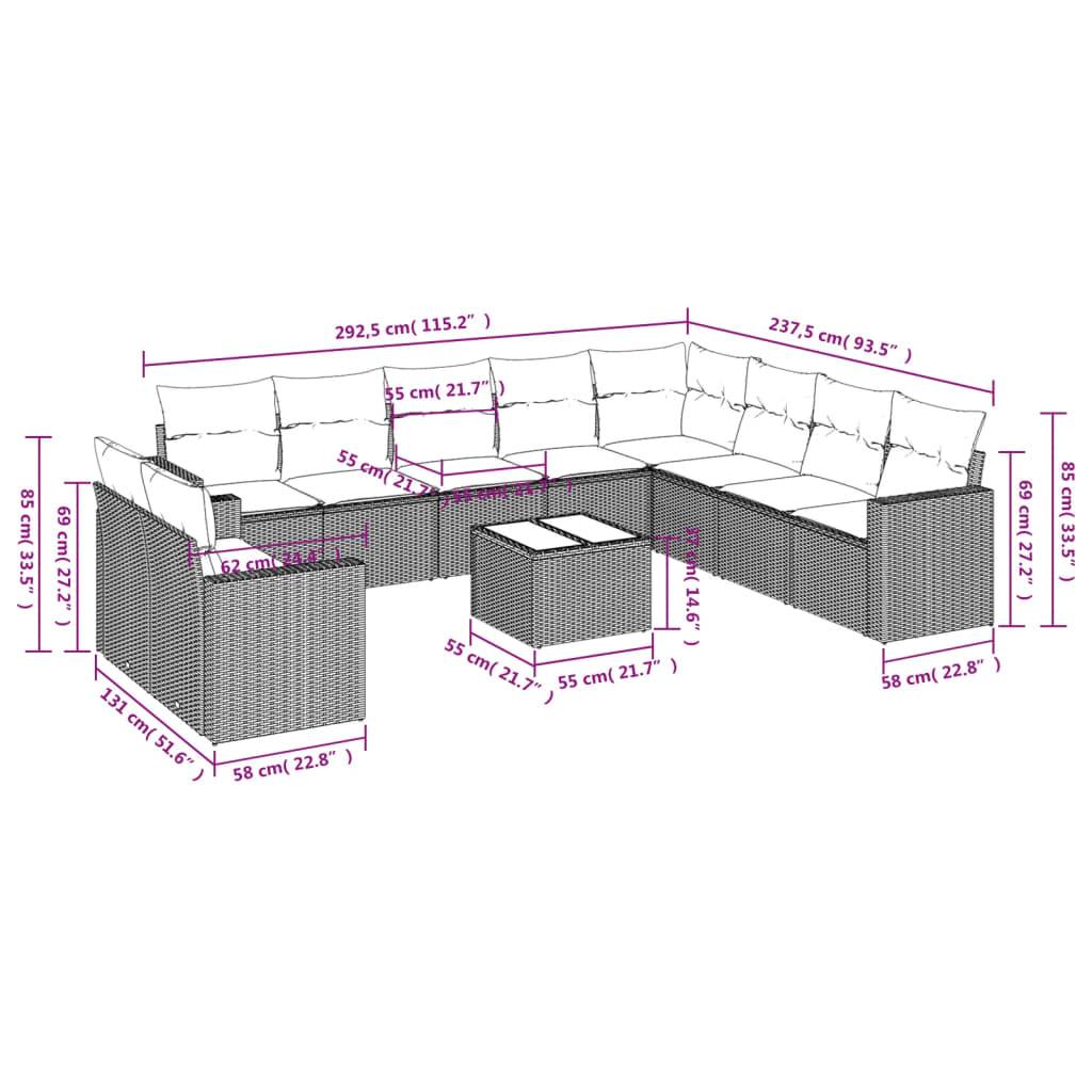 vidaXL 11-tlg. Garten-Sofagarnitur mit Kissen Braun Poly Rattan