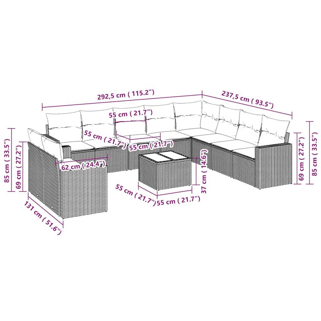 vidaXL 11-tlg. Garten-Sofagarnitur mit Kissen Hellgrau Poly Rattan