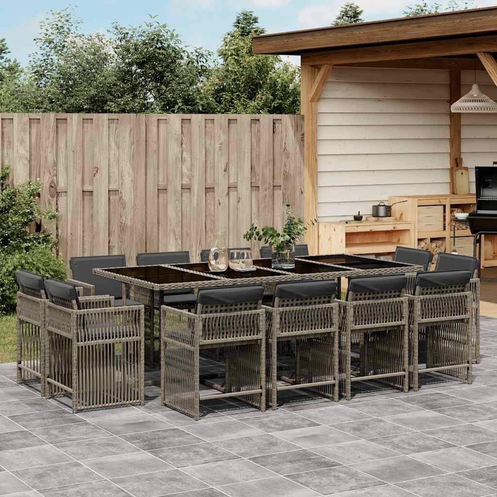 vidaXL 13-tlg. Garten-Essgruppe mit Kissen Grau Poly Rattan