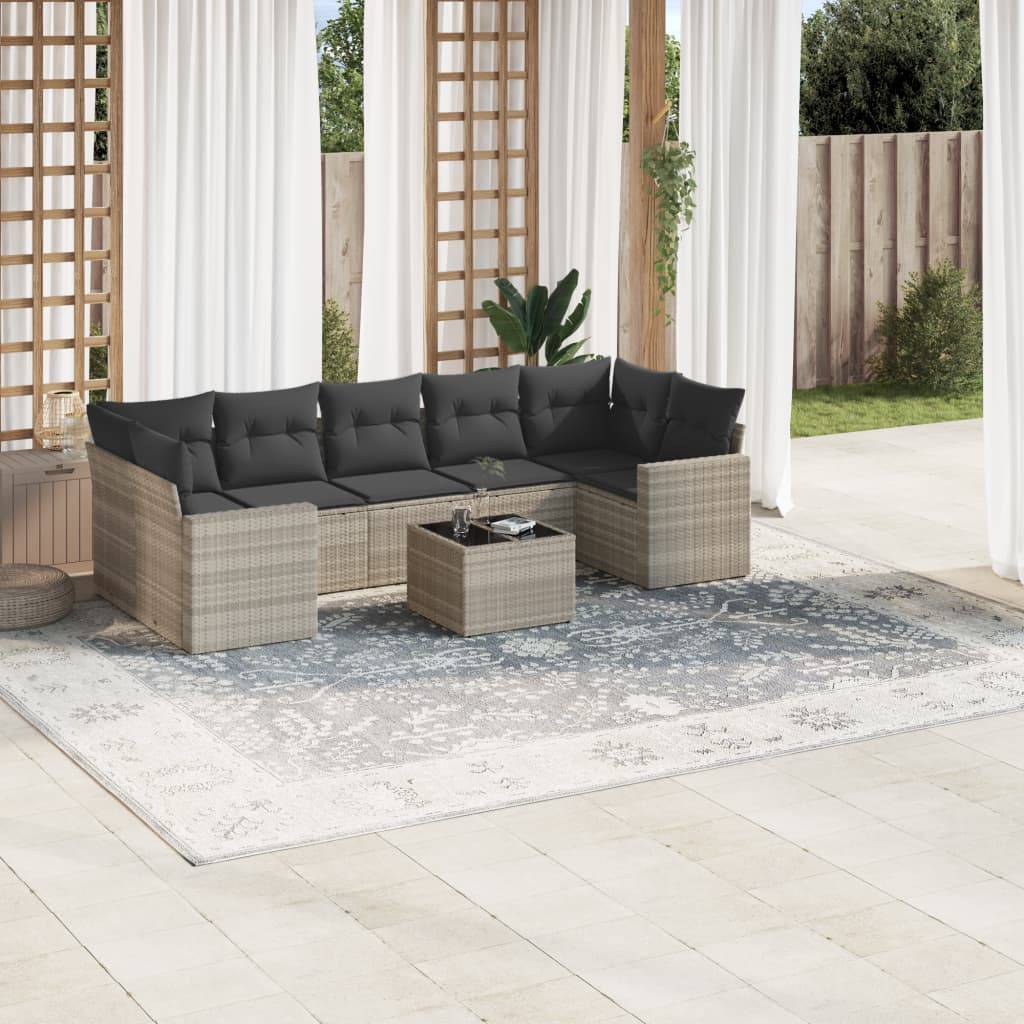 vidaXL 8-tlg. Garten-Sofagarnitur mit Kissen Hellgrau Poly Rattan