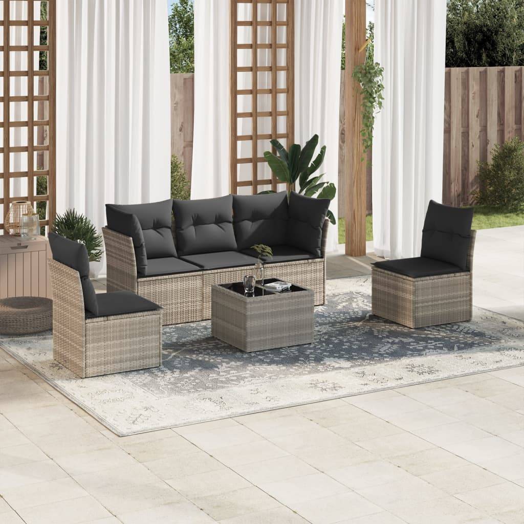 vidaXL 6-tlg. Garten-Sofagarnitur mit Kissen Hellgrau Poly Rattan
