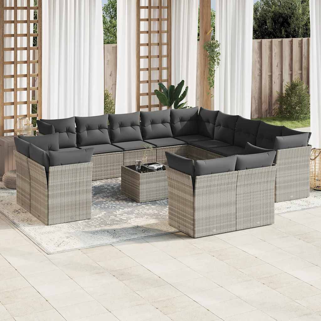 vidaXL 14-tlg. Garten-Sofagarnitur mit Kissen Hellgrau Poly Rattan