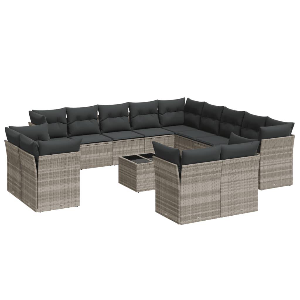 vidaXL 14-tlg. Garten-Sofagarnitur mit Kissen Hellgrau Poly Rattan
