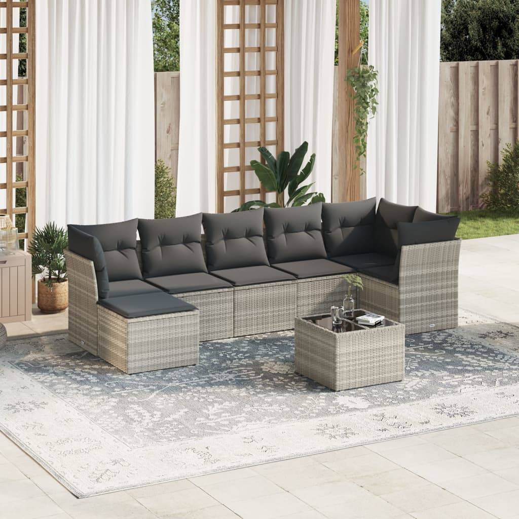 vidaXL 8-tlg. Garten-Sofagarnitur mit Kissen Hellgrau Poly Rattan