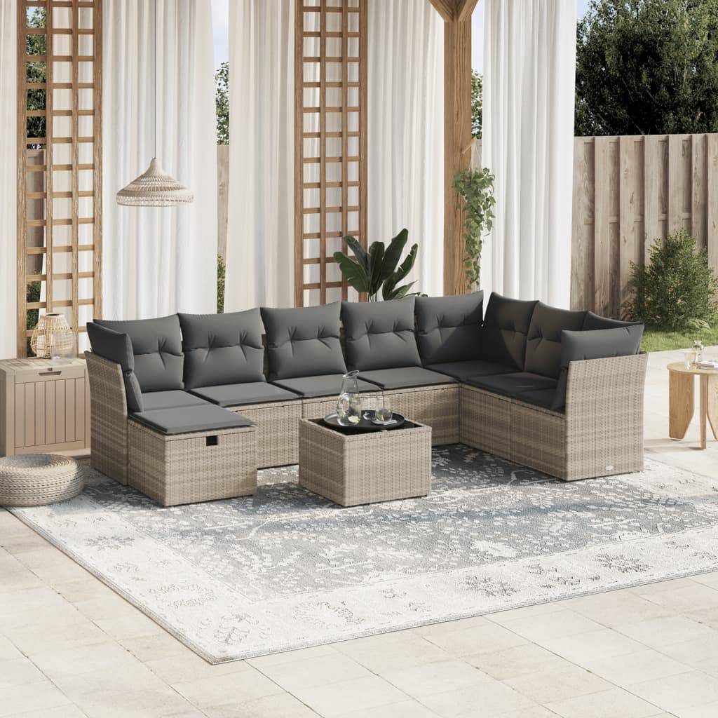 vidaXL 9-tlg. Garten-Sofagarnitur mit Kissen Hellgrau Poly Rattan