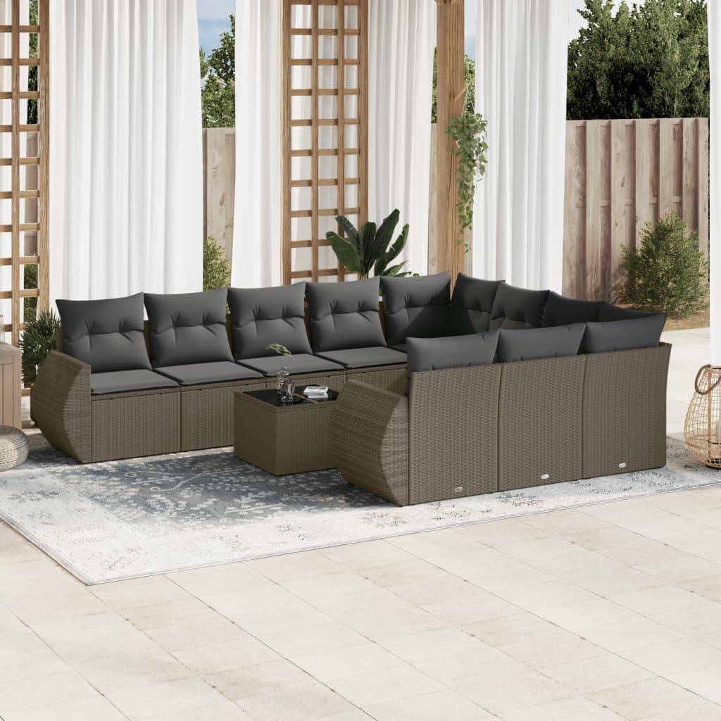 vidaXL 11-tlg. Garten-Sofagarnitur mit Kissen Hellgrau Poly Rattan