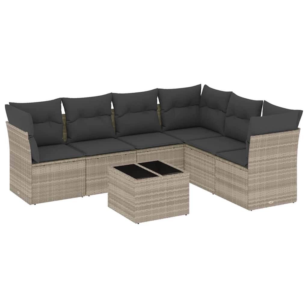 vidaXL 7-tlg. Garten-Sofagarnitur mit Kissen Hellgrau Poly Rattan