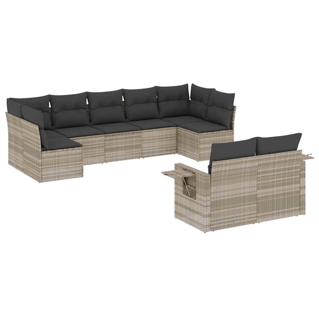 vidaXL 9-tlg. Garten-Sofagarnitur mit Kissen Hellgrau Poly Rattan
